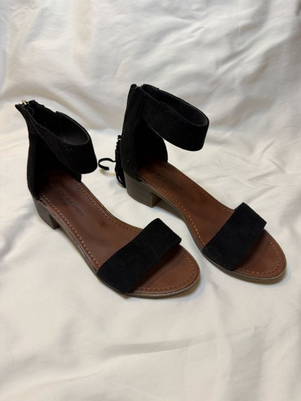 Rock & Candy Nancie Black Suede Ankle-Cuff Block Heel Sandals Size 7 M